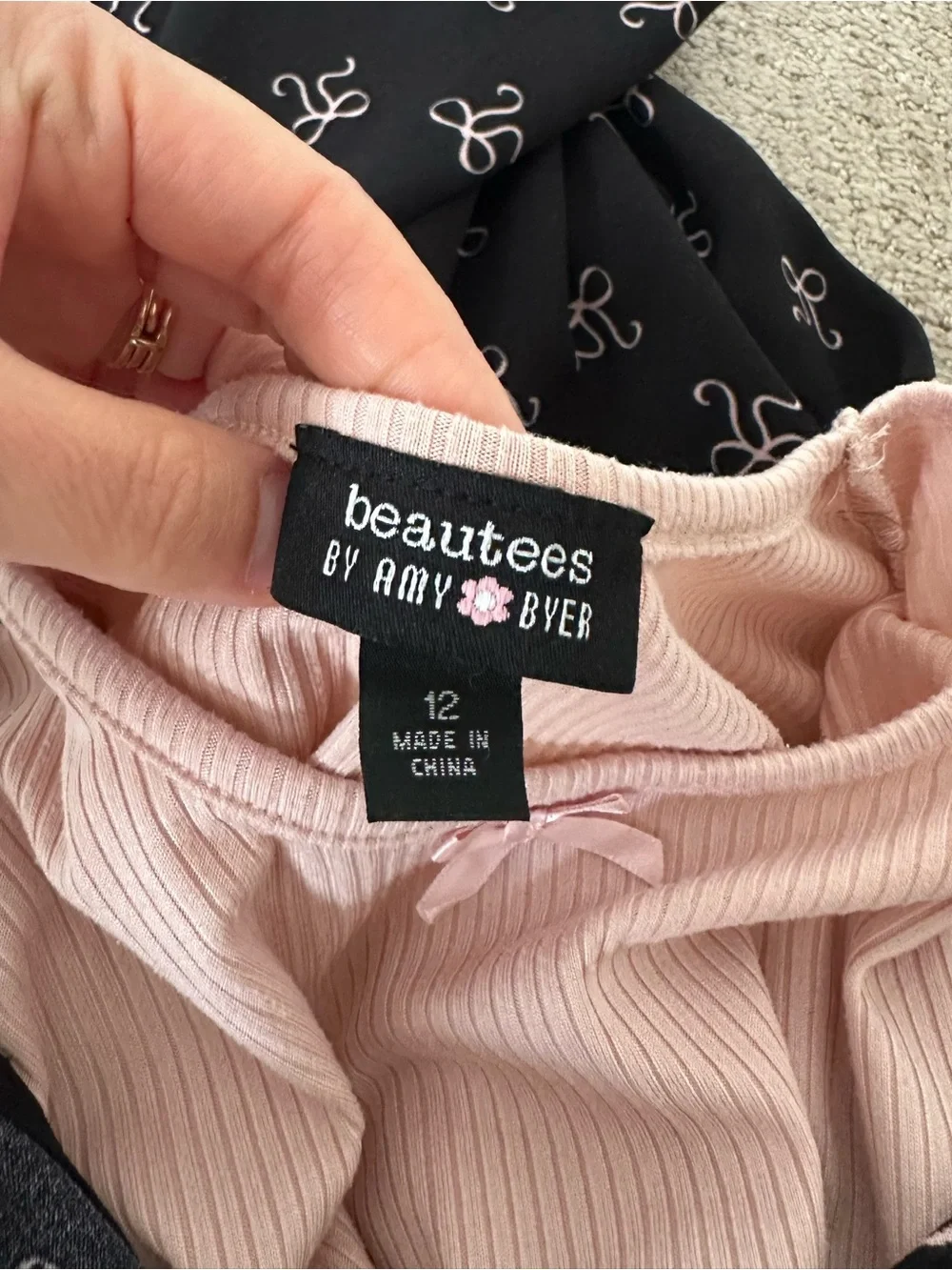 Beautees- Pink Ribbed Tee with Black Bow-Print Slip Dress